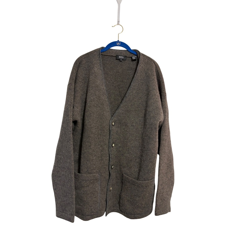 BOSS Hugo Boss Cardigan Sweater Lambswool Brown V-Neck Pockets M Dark Academia